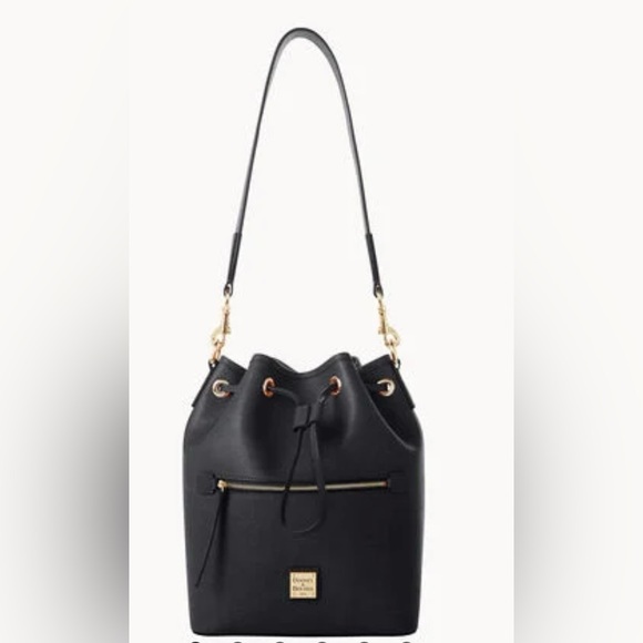 Dooney & Bourke Handbags - Dooney & Bourke Saffiano Drawstring Black Leather Bucket Bag